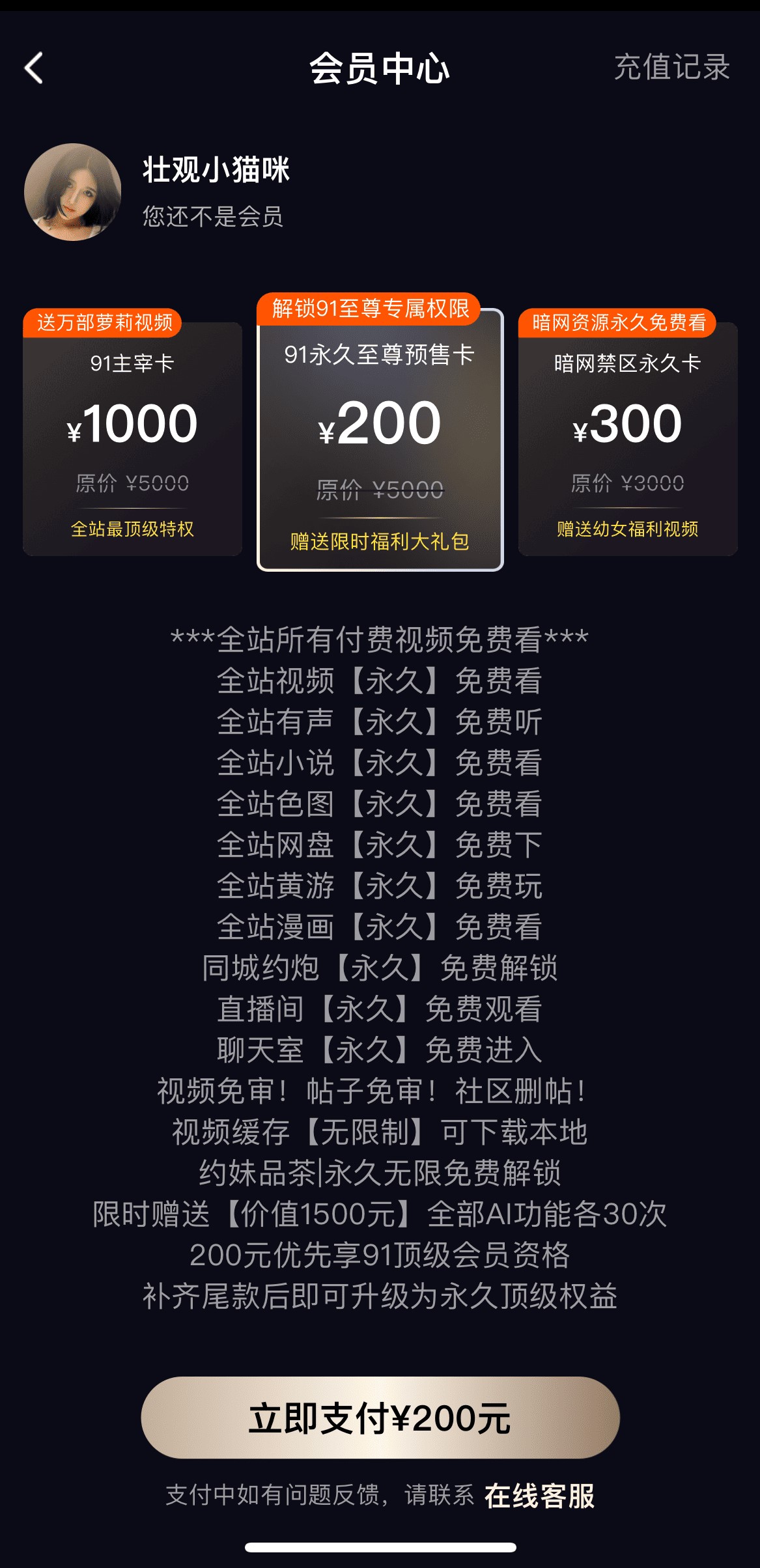 91PO会员中心VIP特权套餐永久解锁权益详情页
